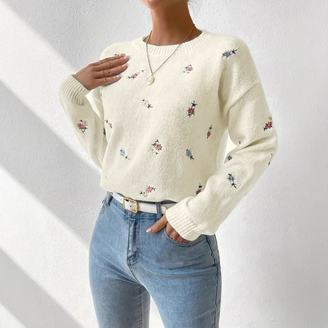 Korean-Style Soft Knit Round-Neck Pullover Sweater Loose Floral Embroidered Top
