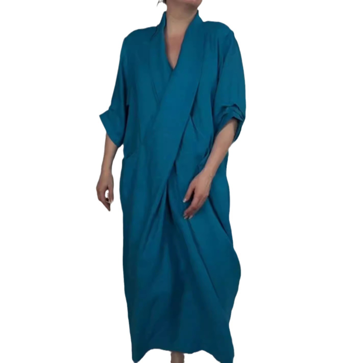 Women's V-Neck Split Hem Casual Dress Solid Color Loose Fit Long Dress