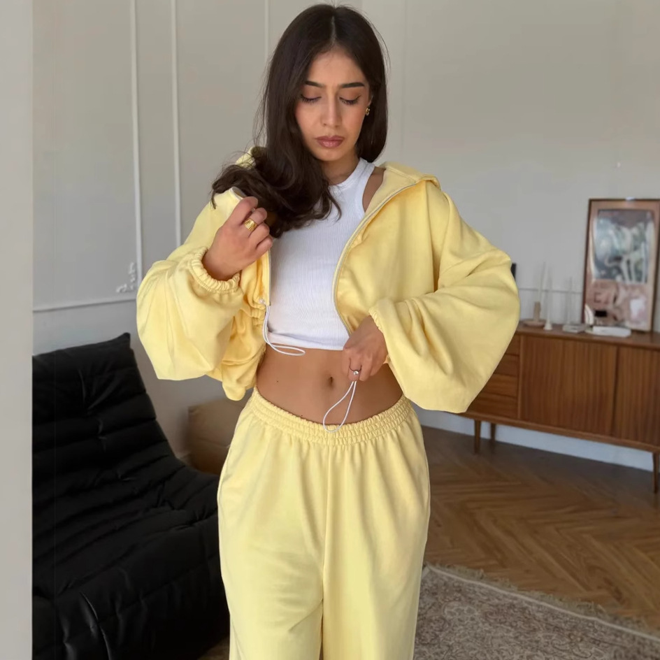 Women's Solid Color Zip-Up Hoodie and Drawstring Jogger Two-Piece Set