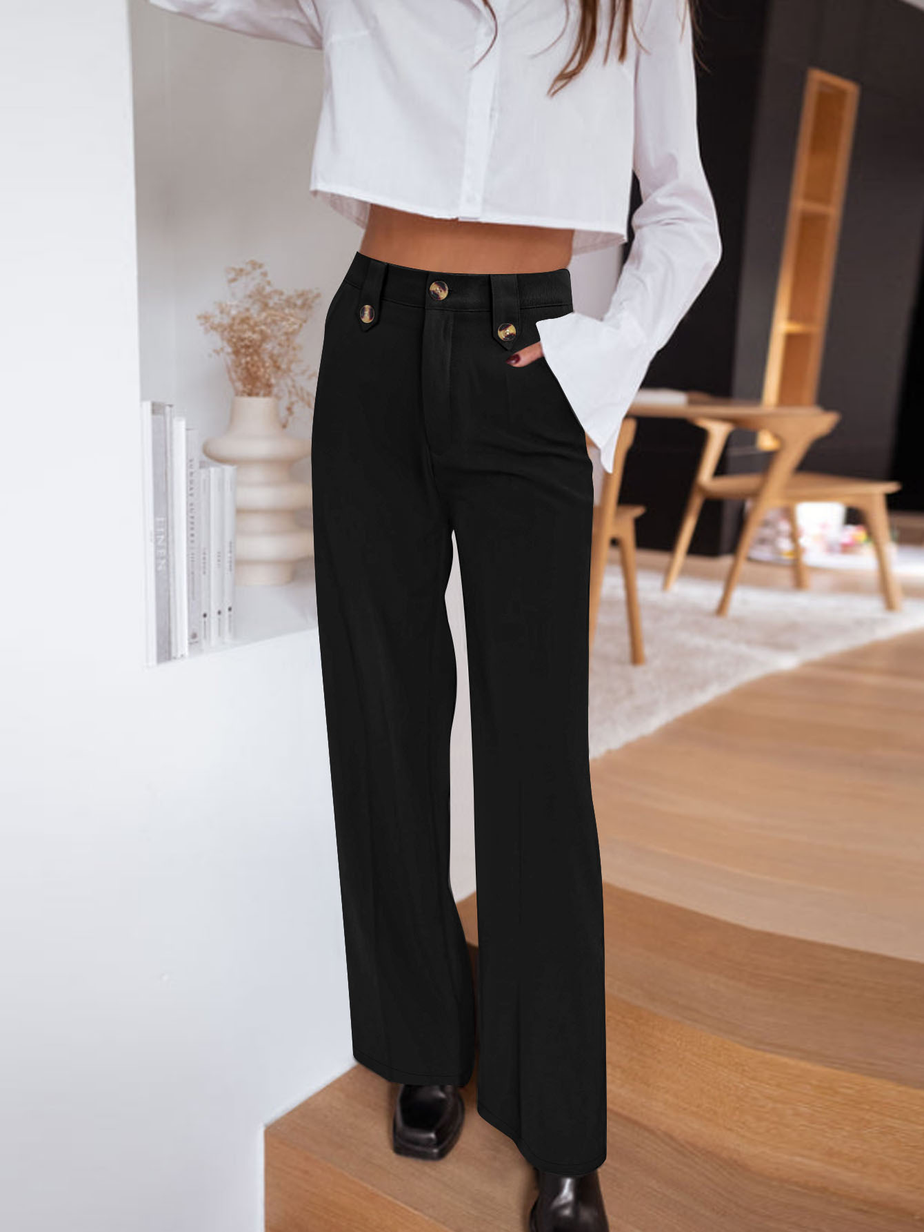 High-Waist Straight-Leg Cropped Suit Pants for Women Solid Color