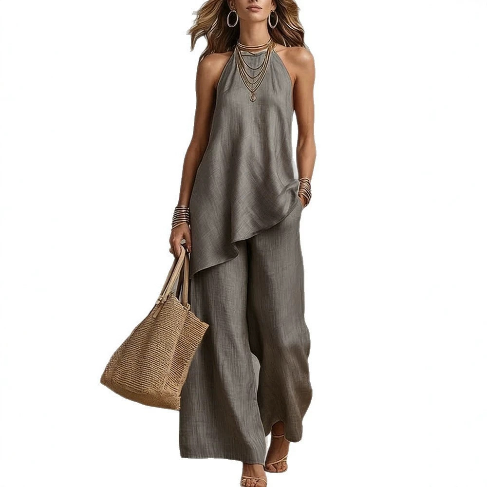 Women's Casual Round Neck Tank Top and Long Pants Set Multi-Color