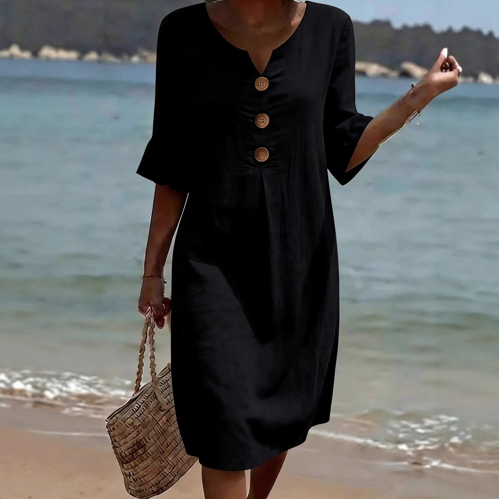 Cotton Linen V-Neck Big Button Ruffle Sleeve Dress