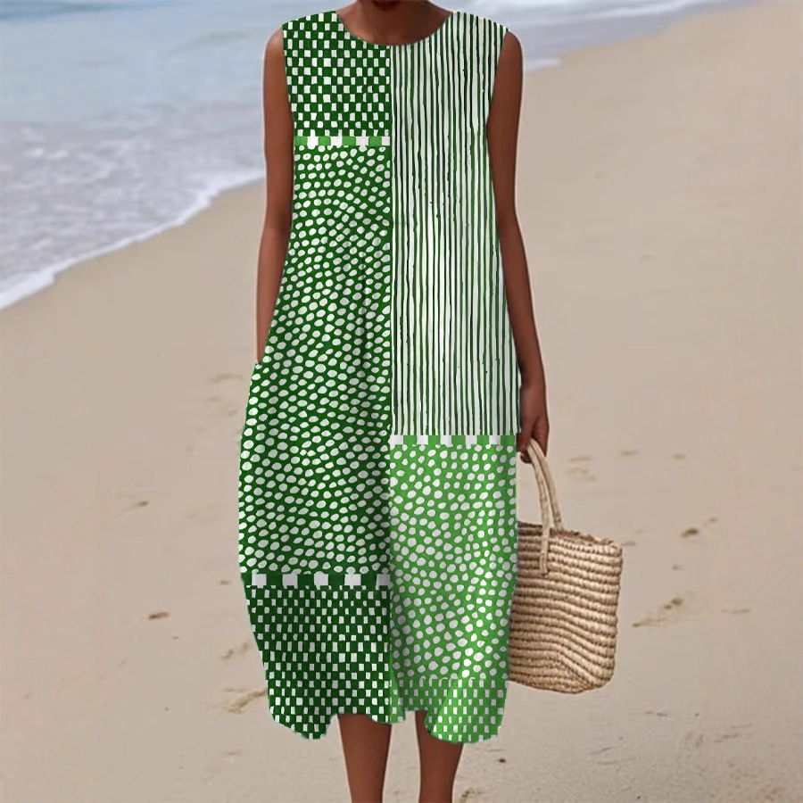Women's Sleeveless Polka Dot Floral Midi Dress Casual