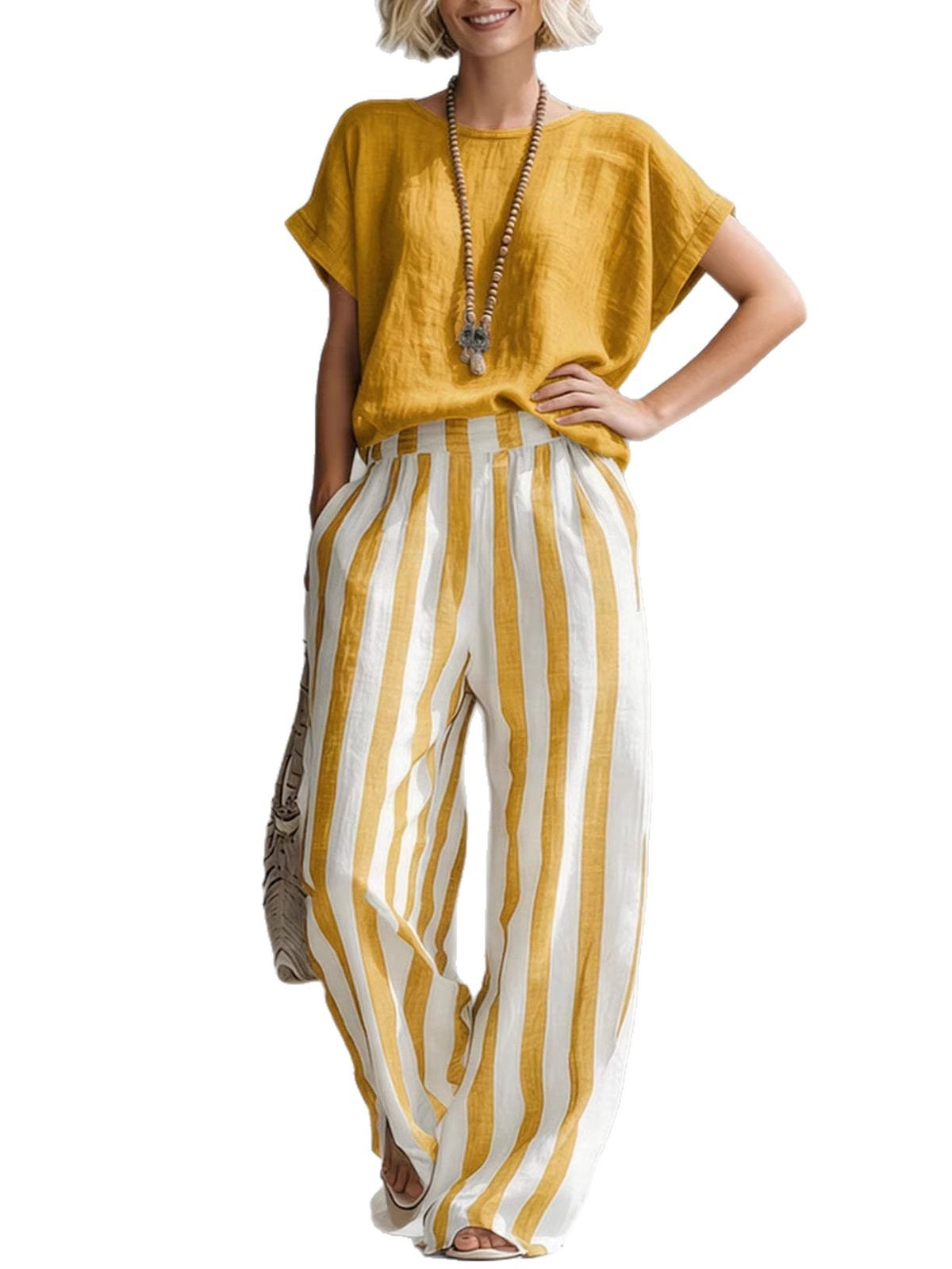 Striped Crewneck Top & Straight-Leg Pants Casual Set