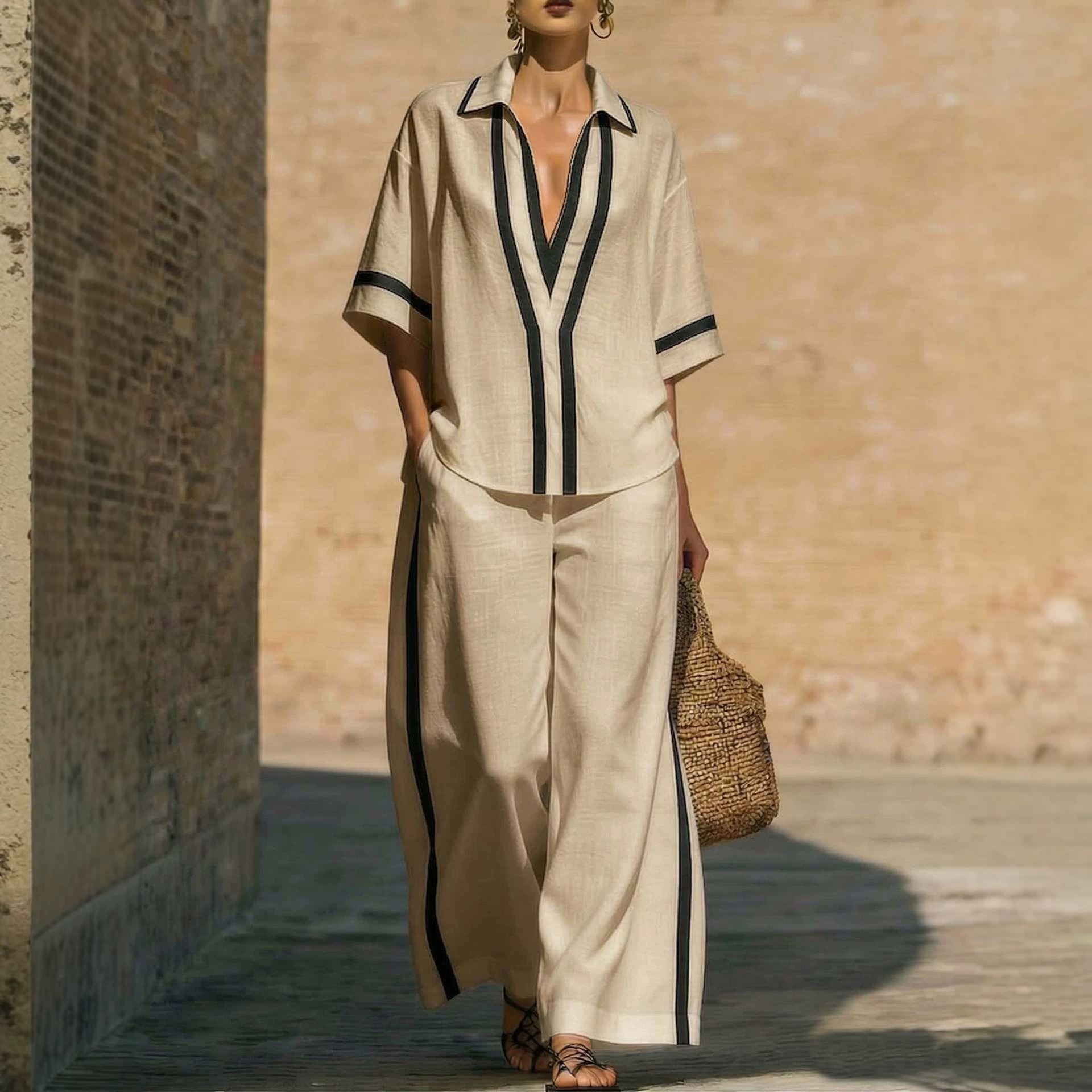 Women's Color-Block Short-Sleeve Shirt and Wide-Leg Pants Set