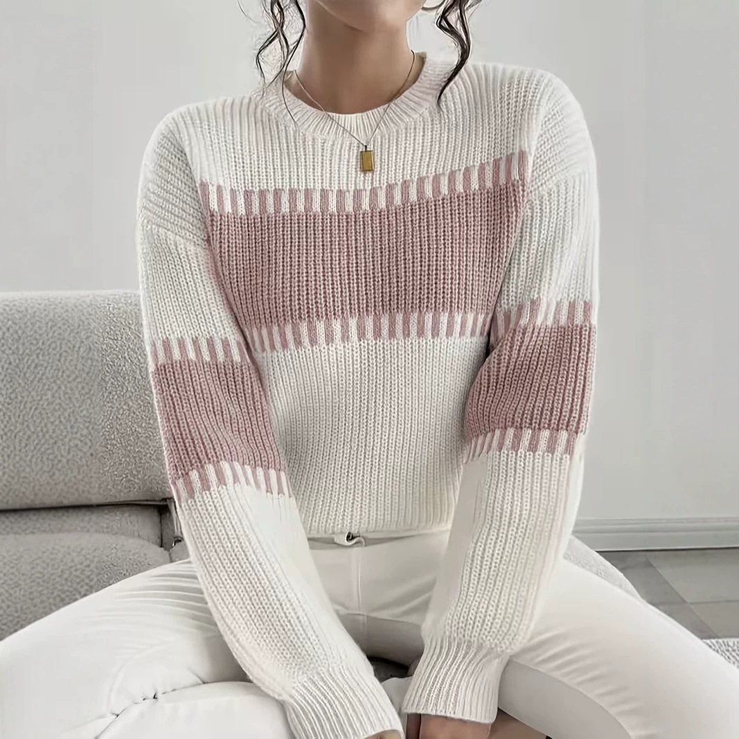 Women's Casual Striped Drop Shoulder Long Sleeve Sweater Colorful Striped Pullover