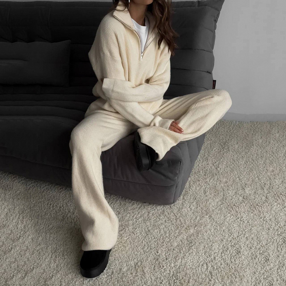Women's Half-Zip Collared Knit Pant Set Casual Streetwear