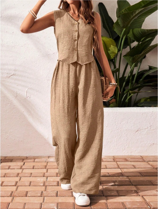 Linen Summer Vest and Pants Set with V-Neck Button-Front Top