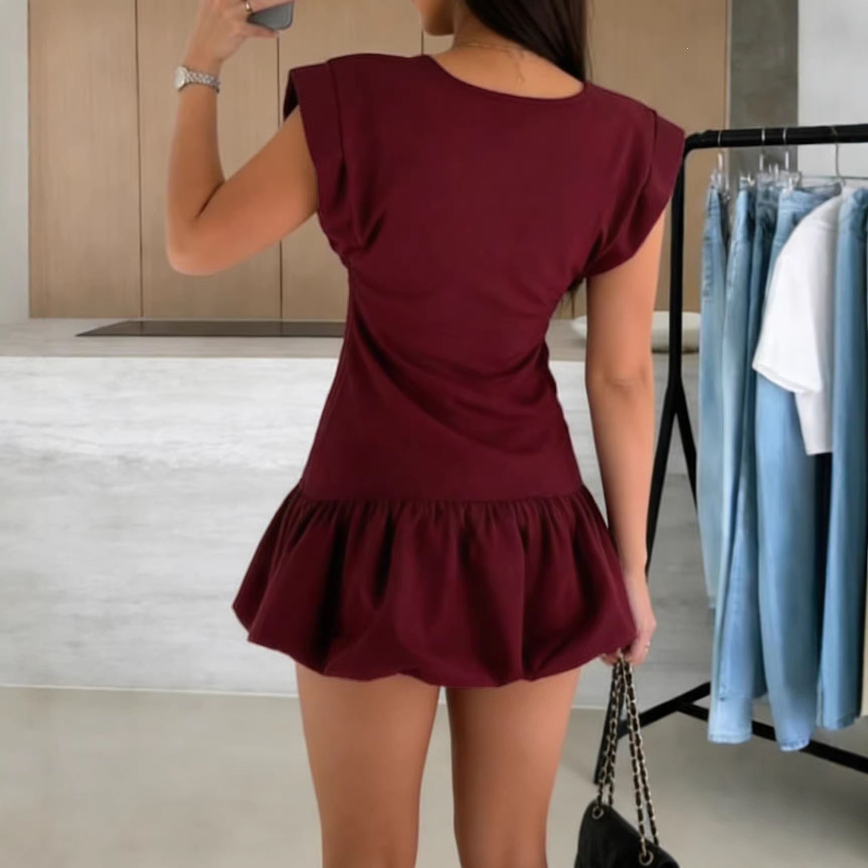 Round Neck Cap Sleeve Dress with Cinched Waist and Ruffle Hem