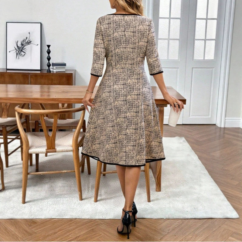 Women's Casual Midi Allover Print Dress Round Neck 3/4 Sleeve Plaid