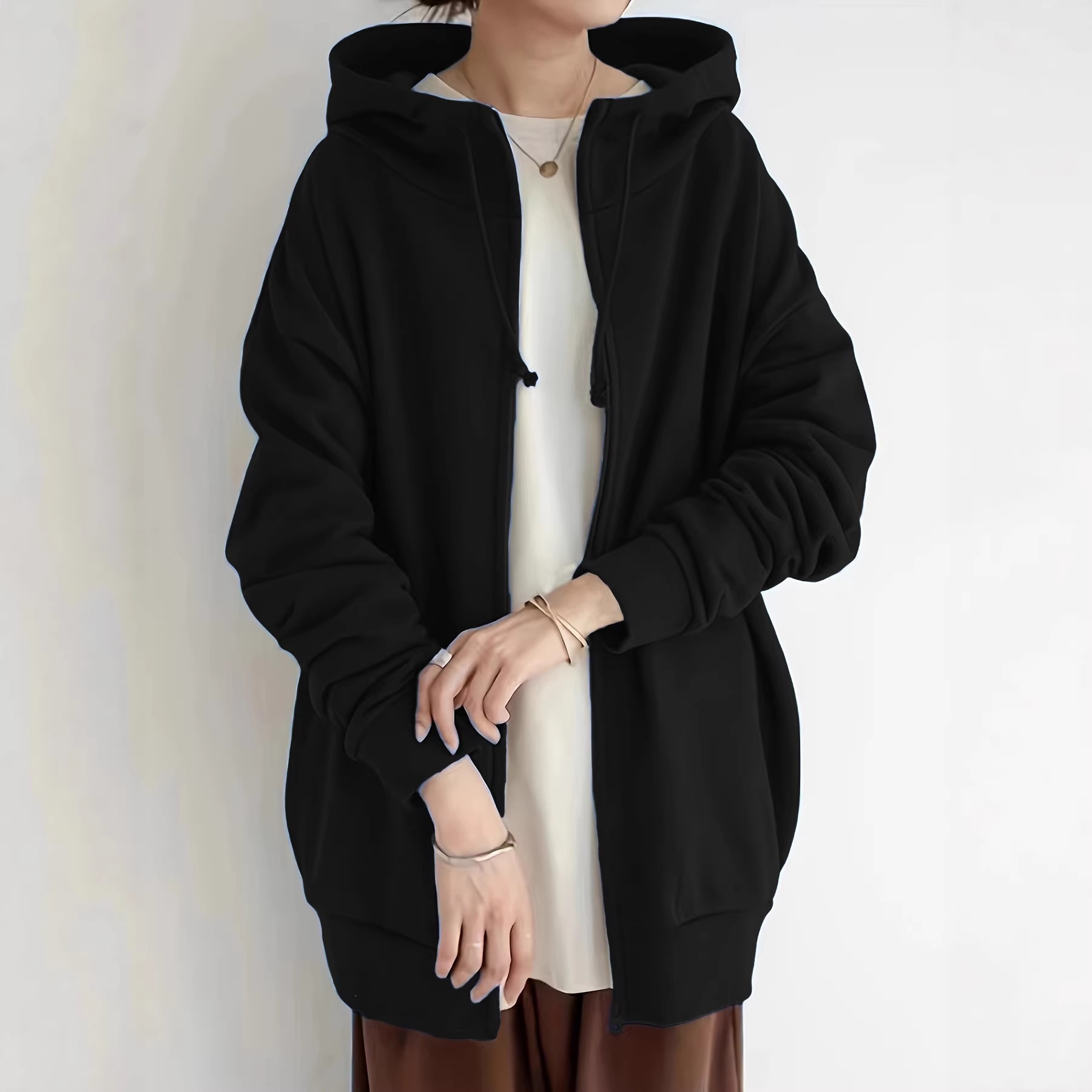 Women's Long Zip-Up Hooded Fleece Sweatshirt Plus Size Streetwear