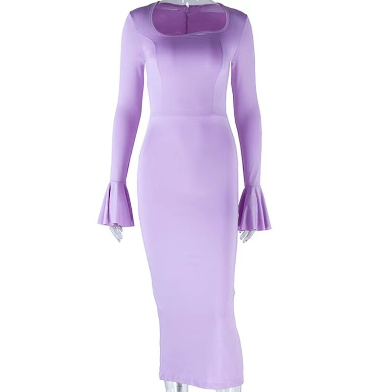Solid Color Mermaid Dress with Flared Sleeves and Slit