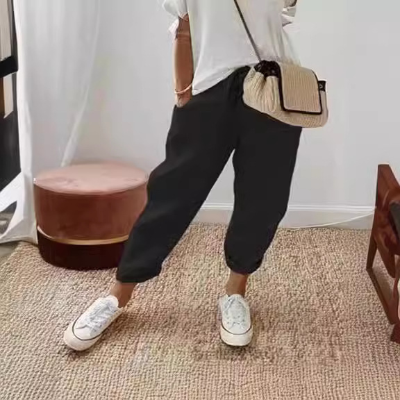 Women's Cotton-Linen Elastic Waist Cropped Pants Casual