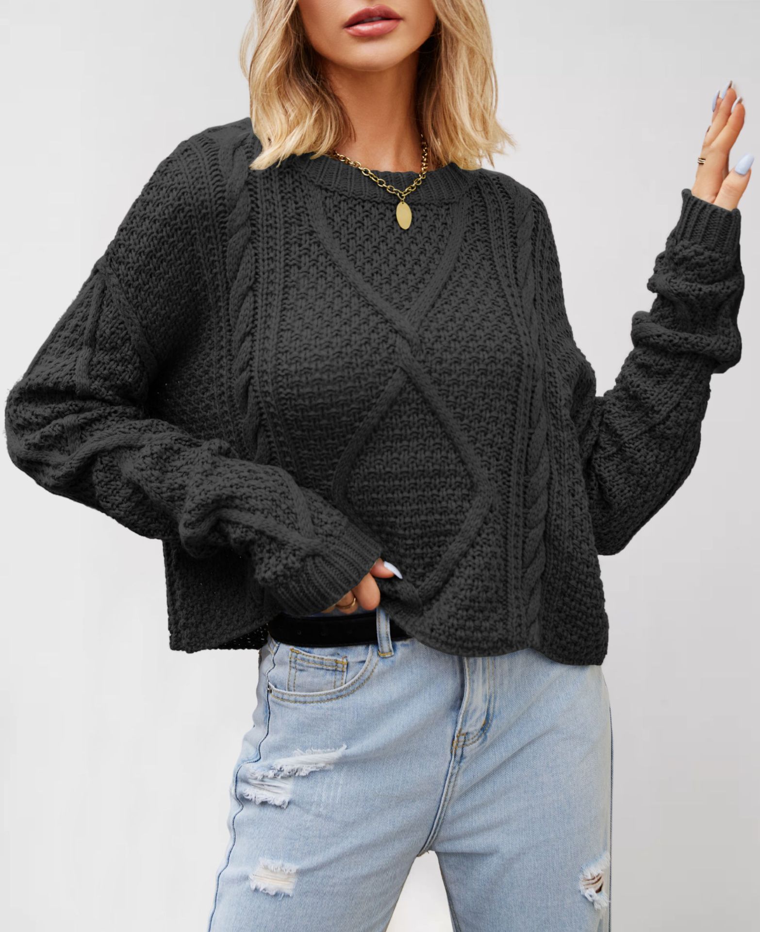Women's Cable Knit Chunky Pullover Sweater Loose Fit Plus Size
