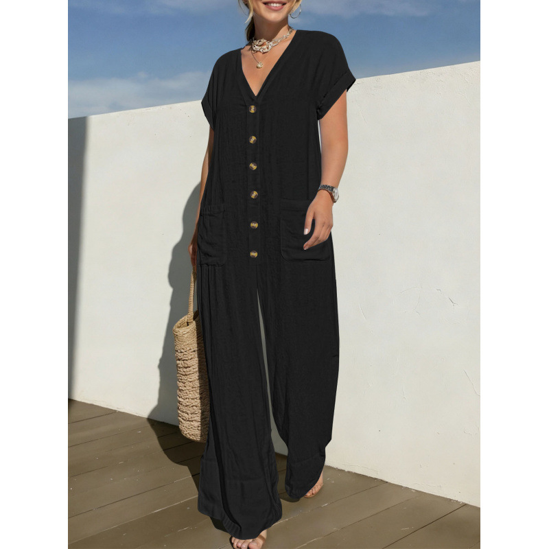 Women's Batwing Sleeve Wide Leg Jumpsuit V-Neck Button Casual Loose Fit