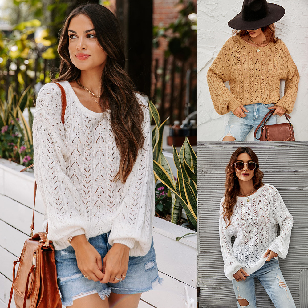 Open-Knit Crewneck Pullover Sweater