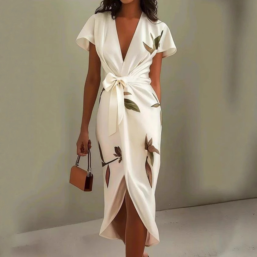 Floral Print V-Neck Short Sleeve Tie-Waist Slit Midi Dress