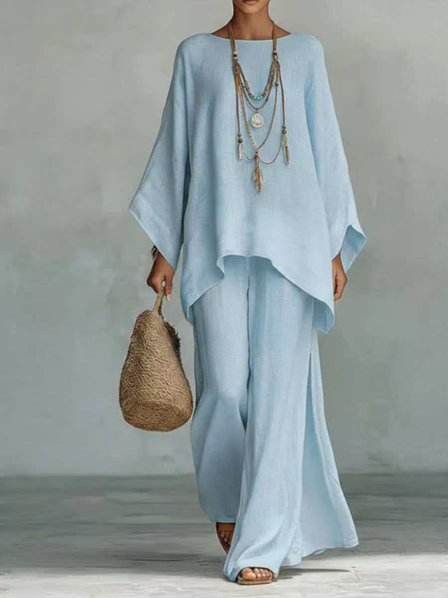 Women's Loose Linen-Blend Solid Shirt & Wide-Leg Pants Casual Set