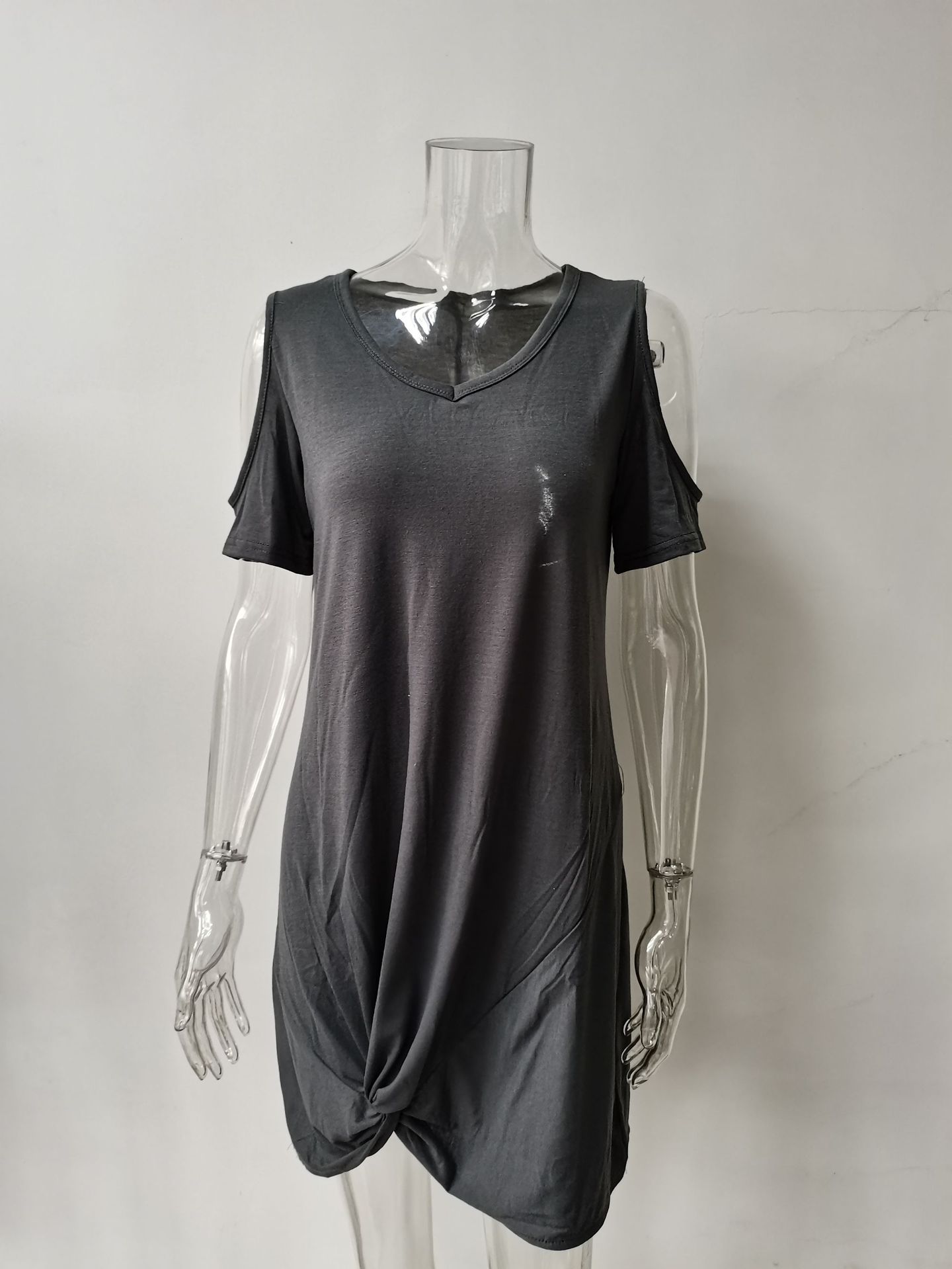 Women's Off-Shoulder Twist Knot Short Sleeve T-Shirt Dress Solid Color