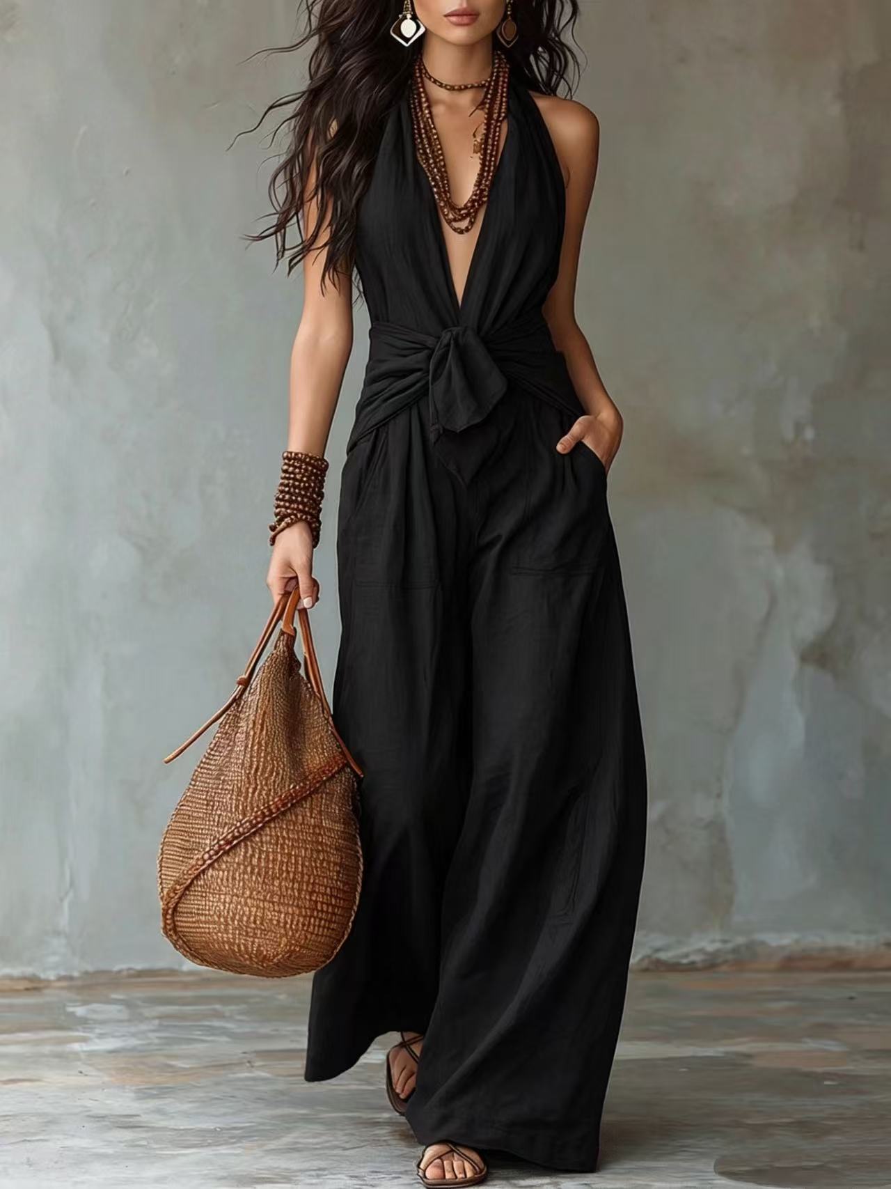 Sleeveless Halter Tie-Waist Wide-Leg Jumpsuit