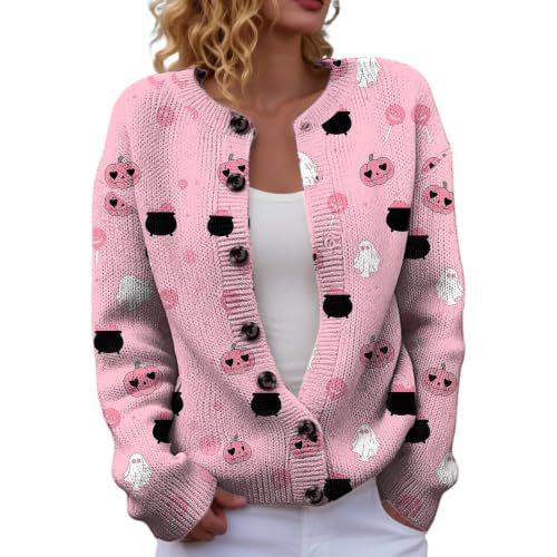 Halloween Pumpkin Castle Print Faux Knit Cardigan for Women