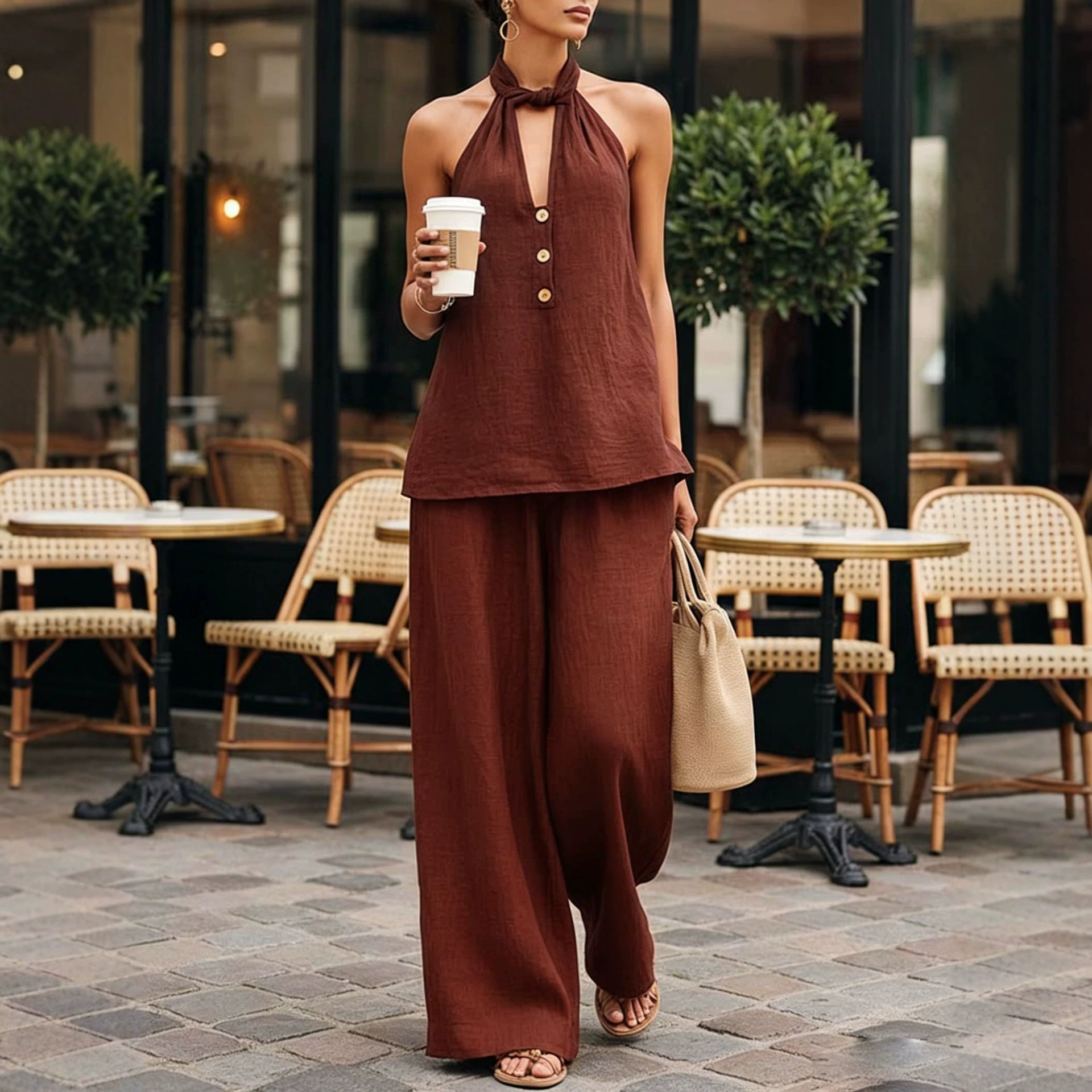 Women's Sleeveless Deep V Halter Open Back Top & Wide Leg Pants Set