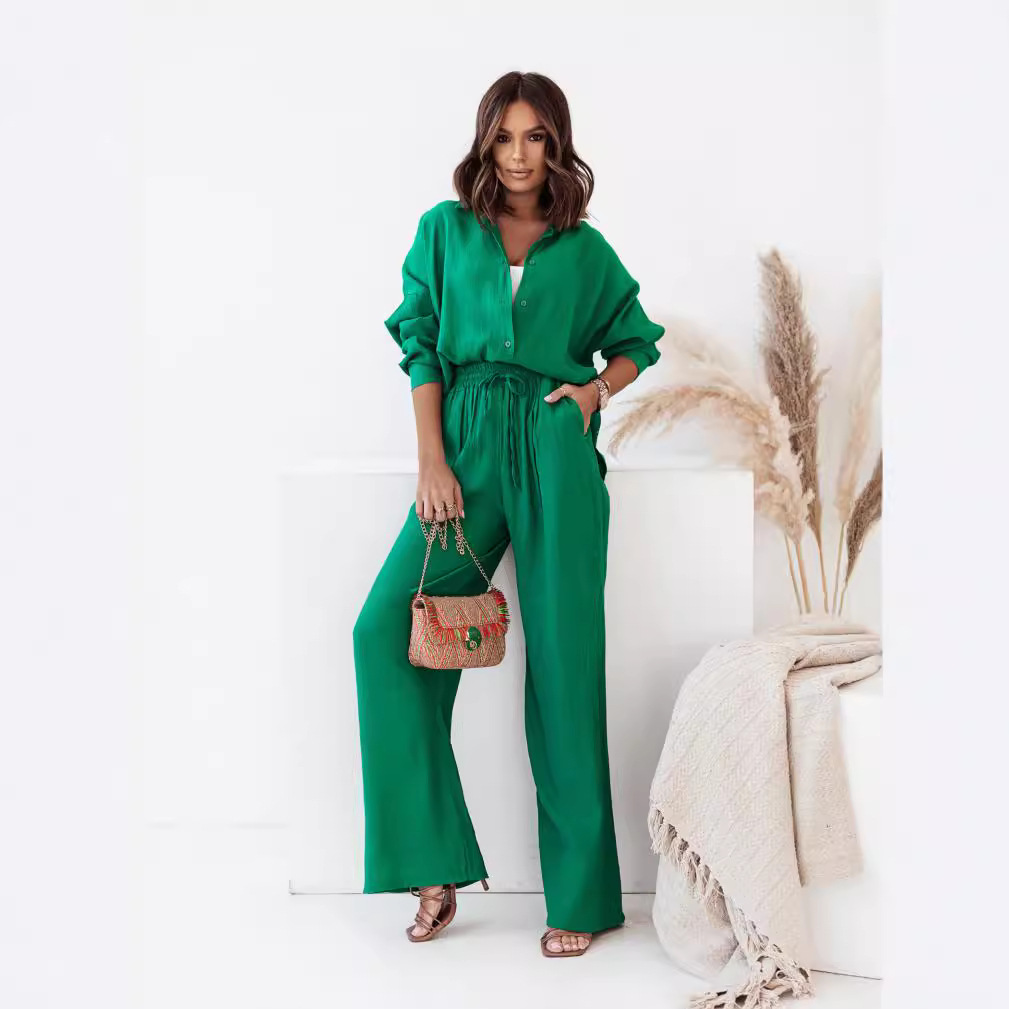 Women's Relaxed Fit Wrinkle Textured Long Sleeve Shirt and Wide Leg Pants Casual Set