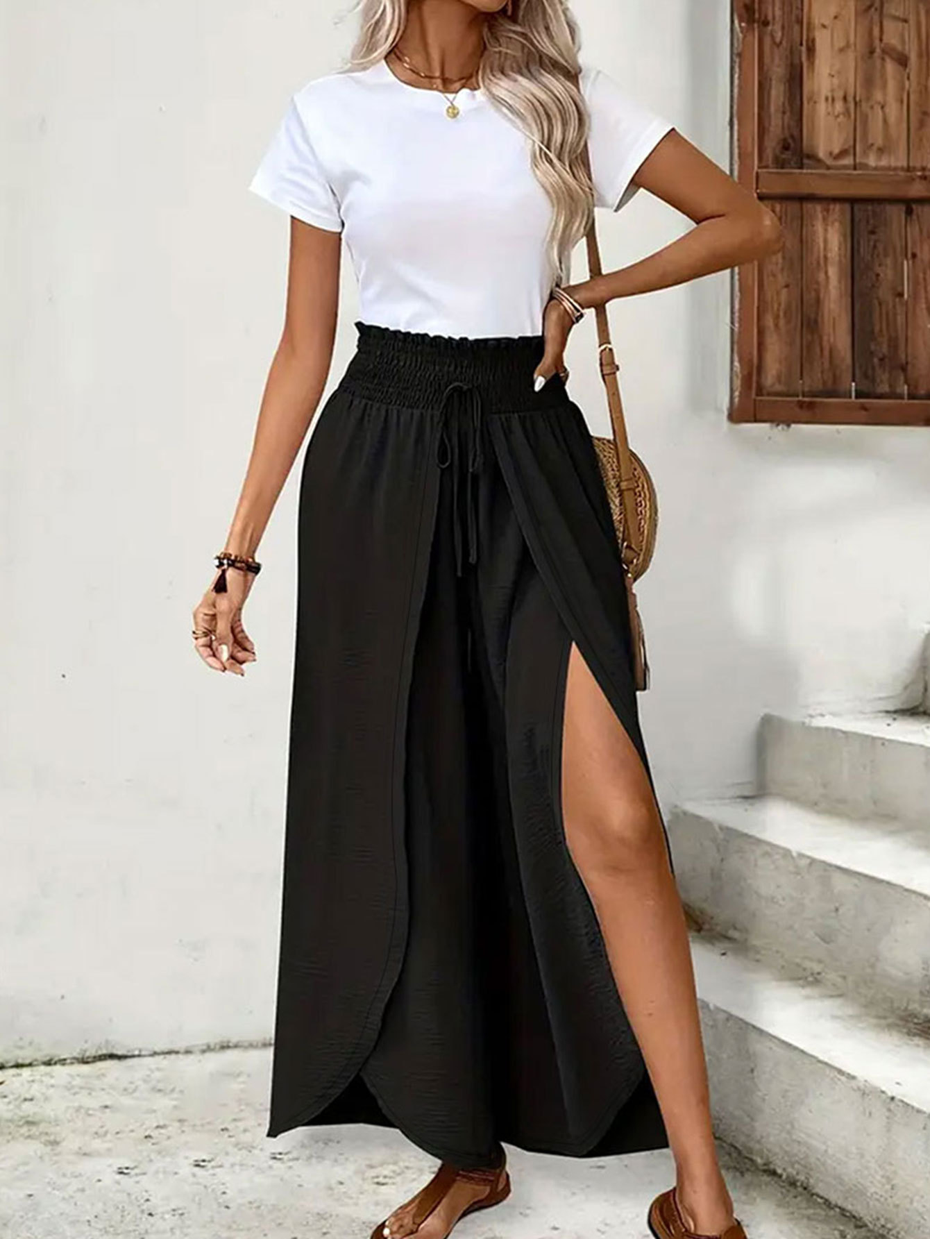 Elegant Split Wide-Leg Pants Lightweight Breathable Black