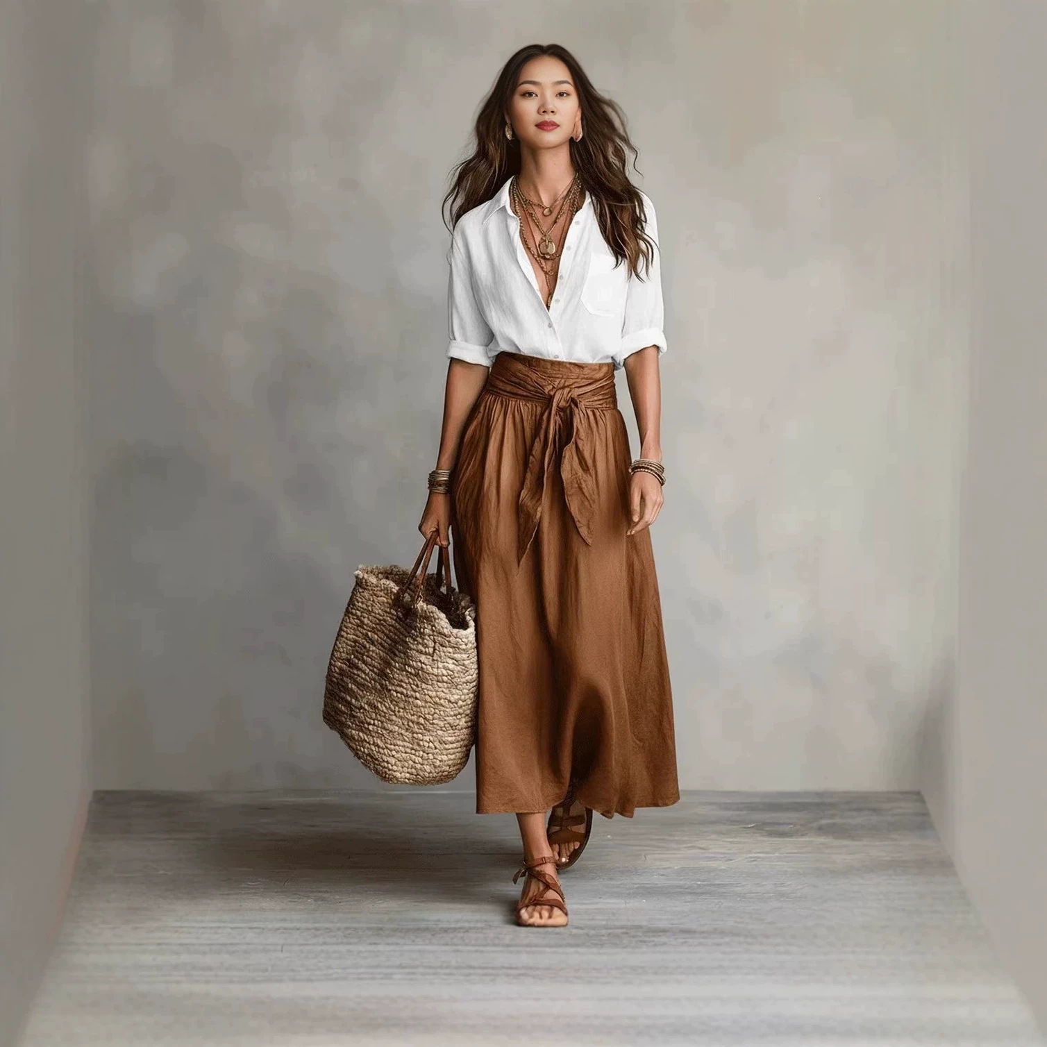 Color-Block Shirt and Midi Skirt Two-Piece Set
