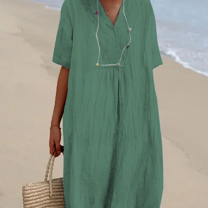 Women's Solid Cotton-Linen Casual Slimming Dress