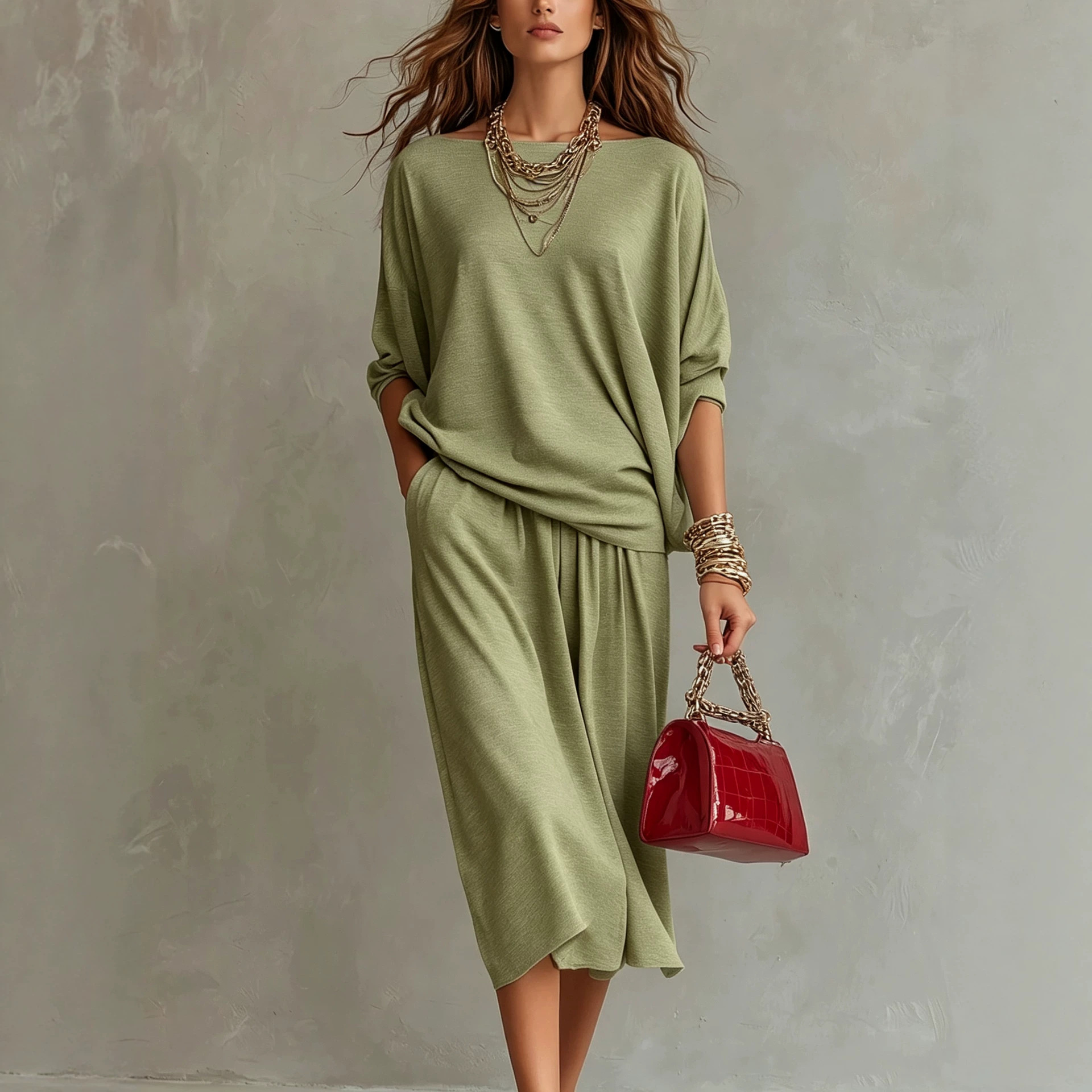 Off-Shoulder Knit Top & Midi Skirt Set Casual Loungewear