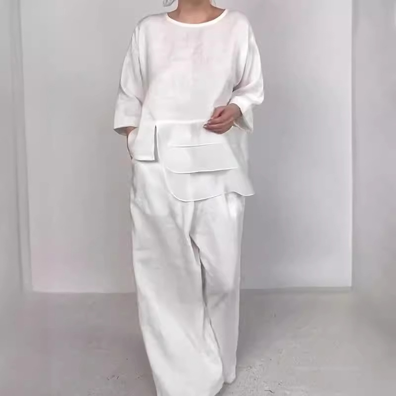 Crewneck Satin Layered Top & Wide-Leg Pants Set
