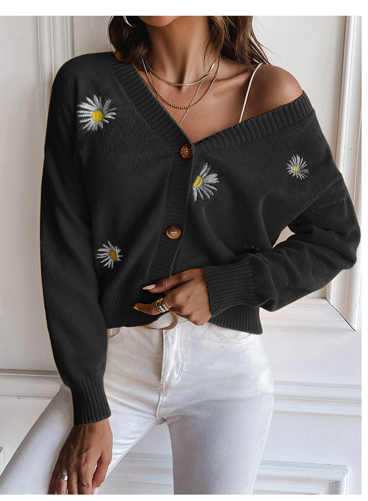 Daisy Embroidered V-Neck Cardigan Sweater
