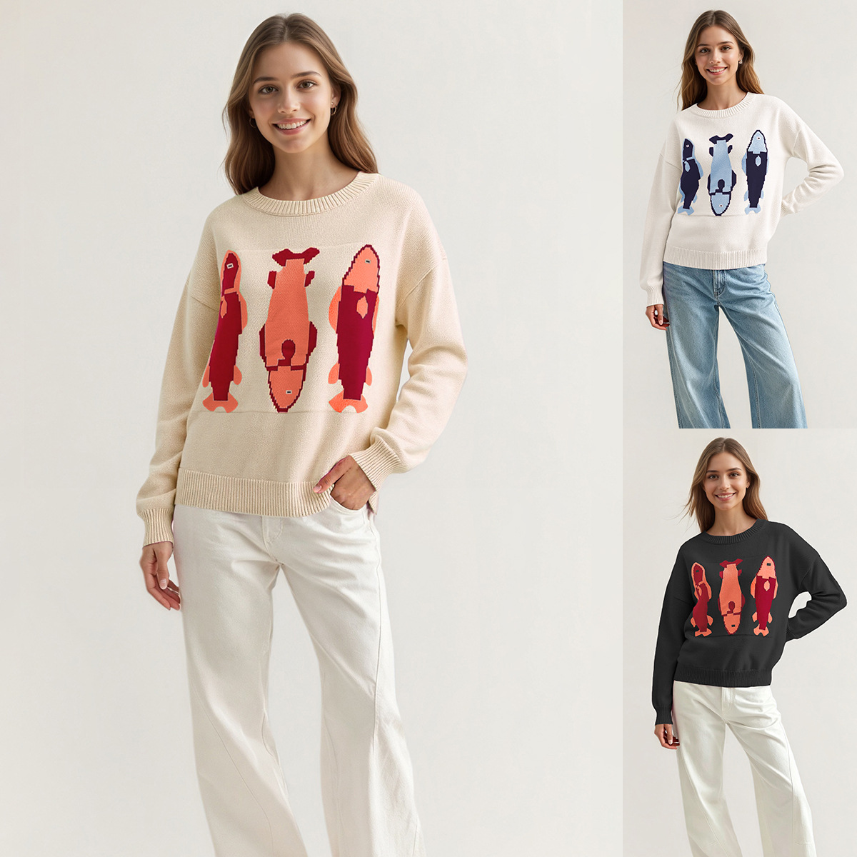 Women's Loose Crewneck Jacquard Knit Sweater