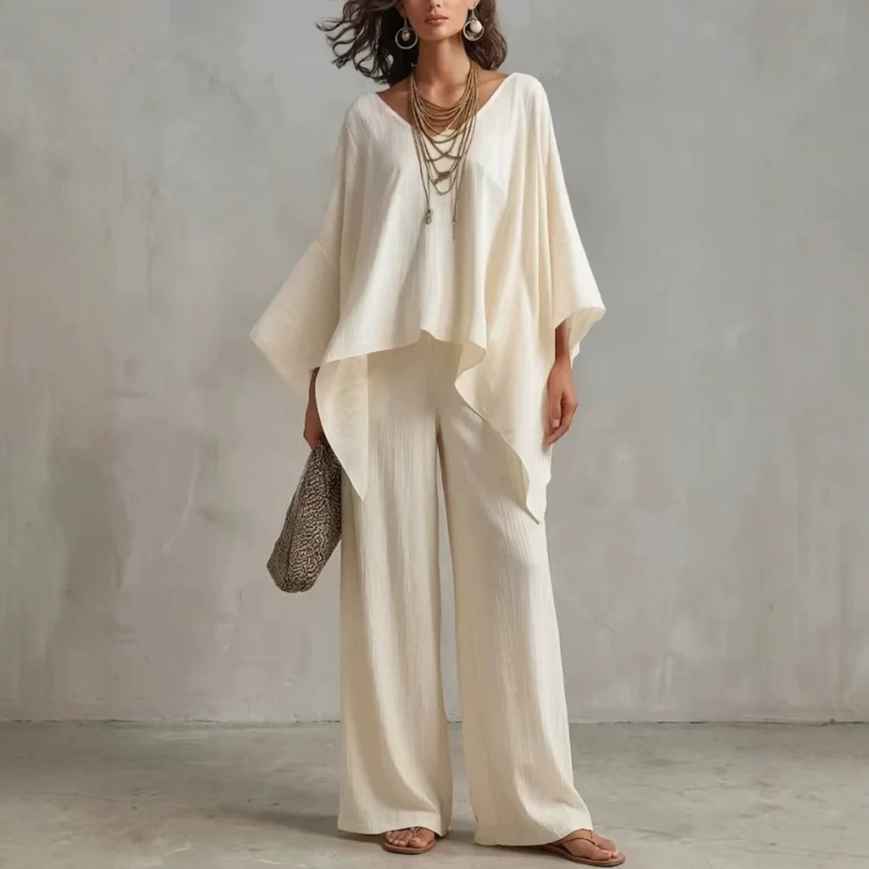 Women's Summer Cotton-Blend Two-Piece Set – Solid Color, Loose Fit, Elegant Casual