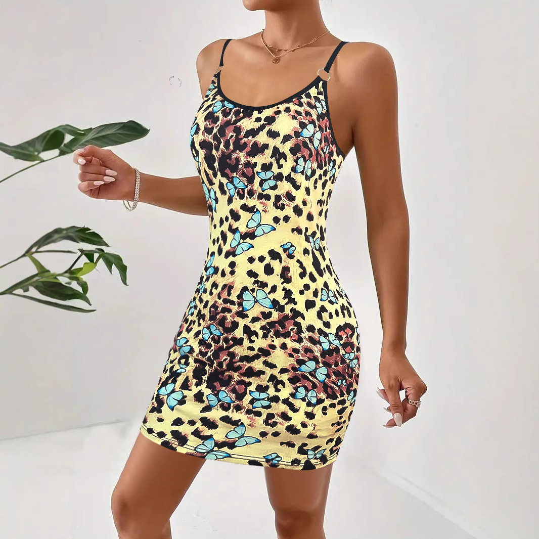 Women's Sleeveless Printed Cami Dress Round Neck Slim Fit Short Dress