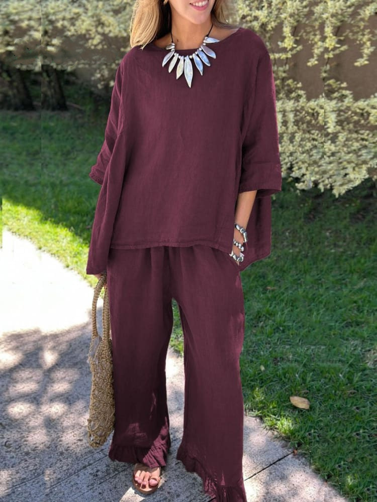 Women's Cotton-Linen Two-Piece Set Casual Solid Color Long Pants Outfit