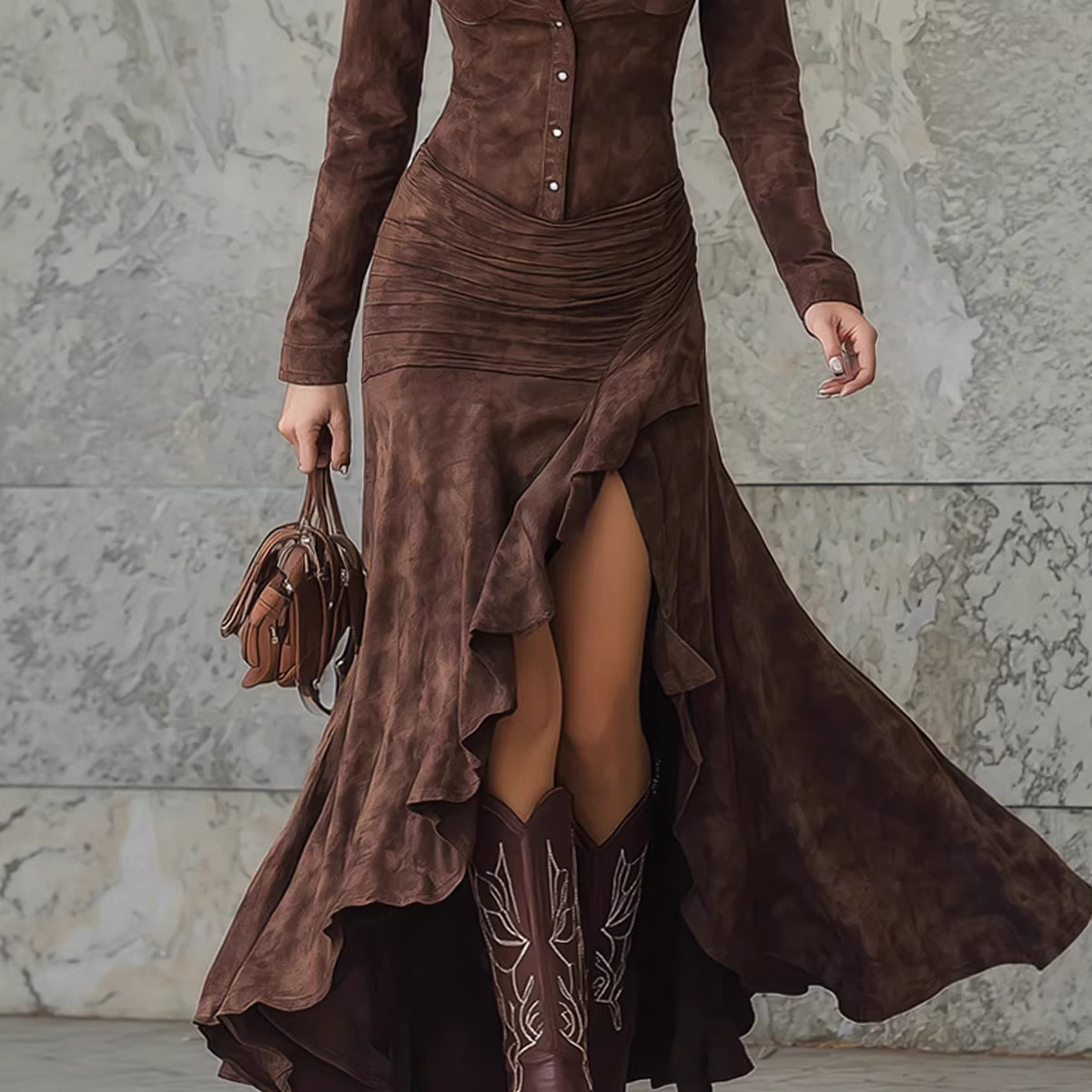 Elegant Zip Collar Long Dress with Pockets