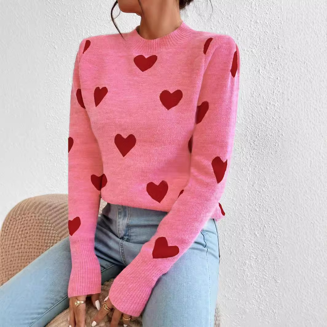 Heart Jacquard Long-Sleeve Crewneck Pullover Sweater