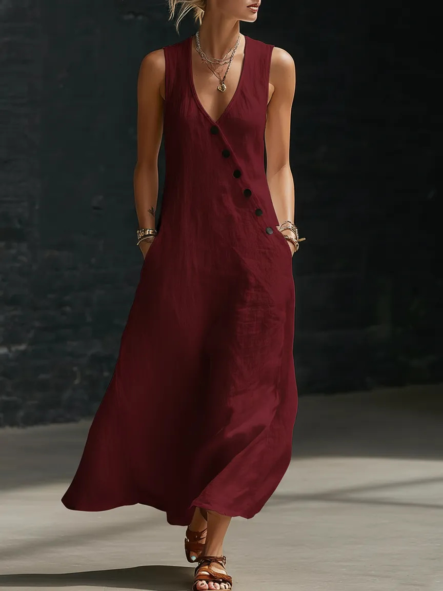 Women's V-Neck Sleeveless A-Line Midi Dress Casual Vacation