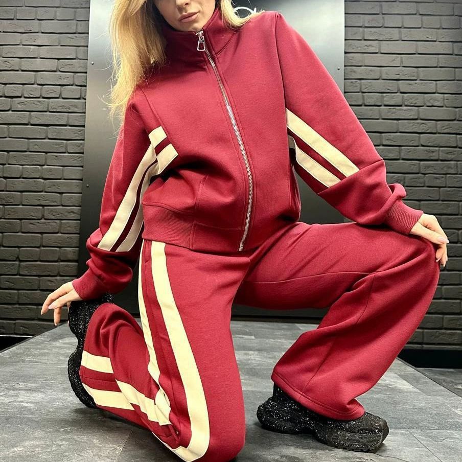 Women's Colorblock Two-Piece Lounge Set Zip Cardigan & Wide-Leg Pants
