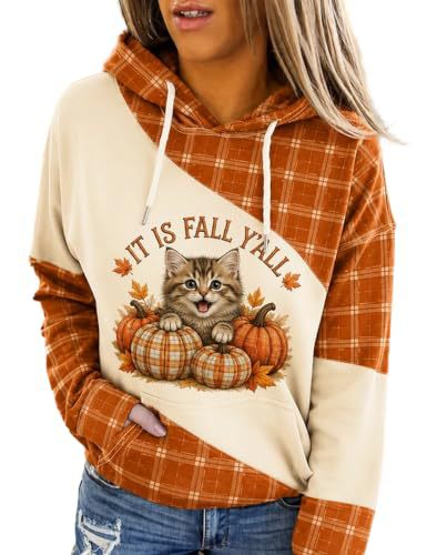 Plaid Cat & Pumpkin Print Hooded Sweatshirt for Women