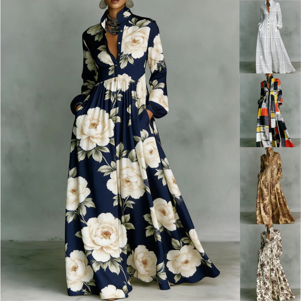 French Waist-Cinching Floral Print Long Sleeve Maxi Dress