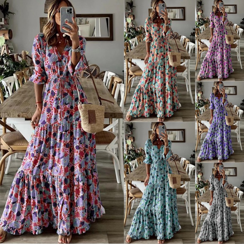 Bohemian V-Neck Floral Print Maxi Dress with Lantern Sleeves