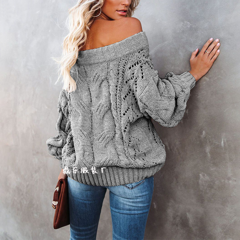 Off-Shoulder Loose Knit Pullover Sweater Solid Color
