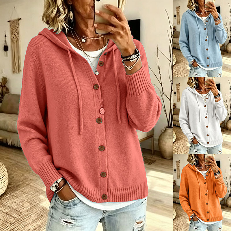 Women's Knit Hooded Drawstring Cardigan Sweater with Buttons