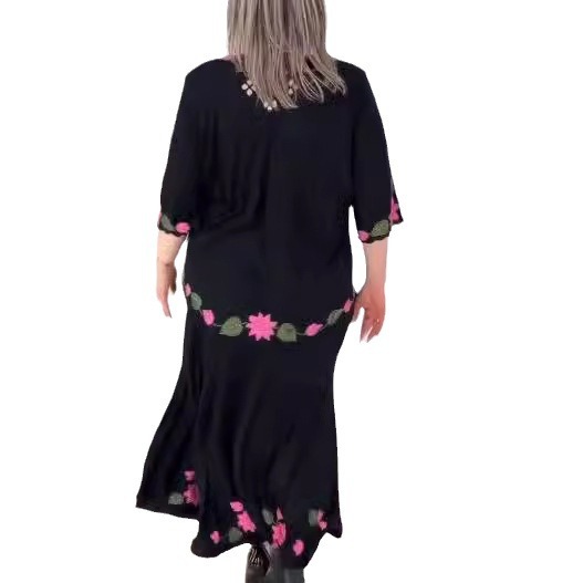 Black V-Neck Floral Print Midi A-Line Dress