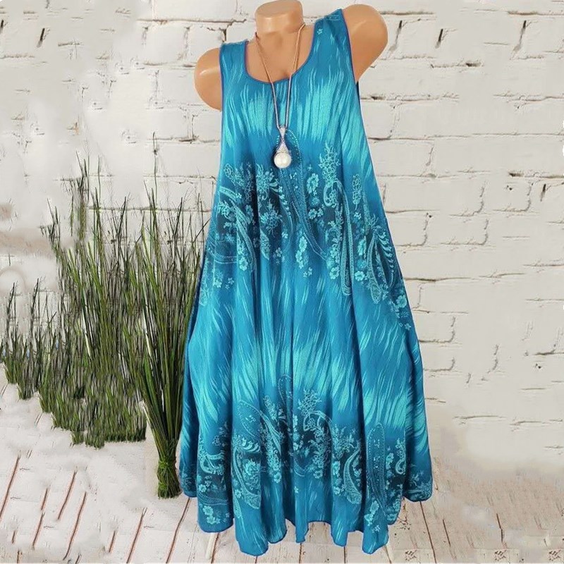 Women's Digital Print A-Line Midi Dress Sleeveless High Waist