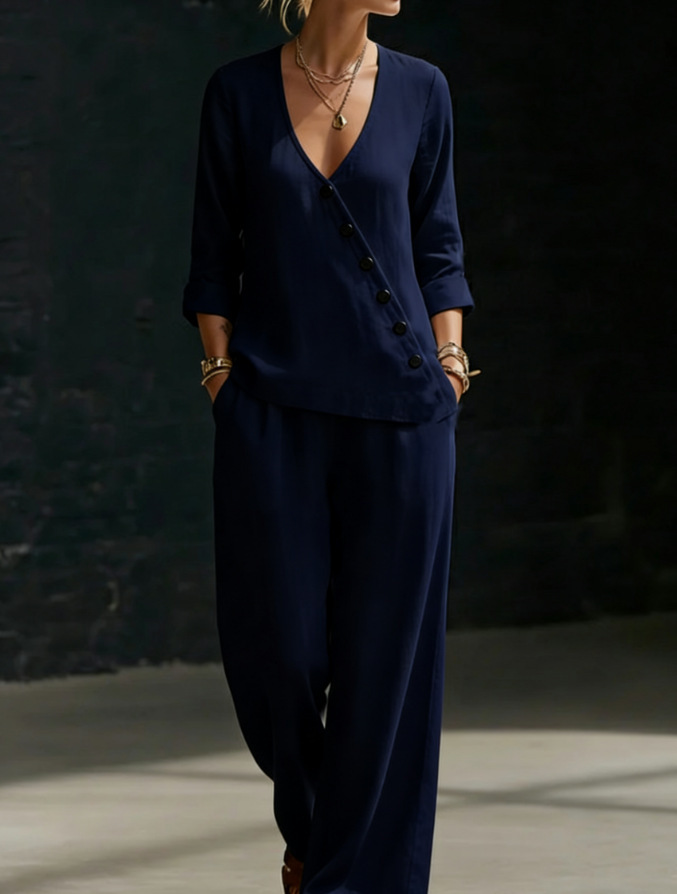 Women's Minimalist V-Neck Button Shirt & Wide-Leg Pants Set