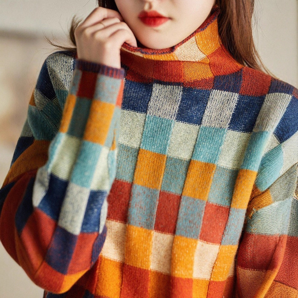 Colorful Checkered Turtleneck Knit Sweater for Women Long Sleeve Pullover